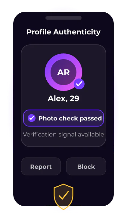 Profile authenticity card with photo check, Report and Block controls